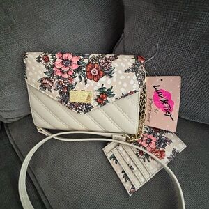 Betsy Johnson brand new tags beige with multi colored floral snap crossbody